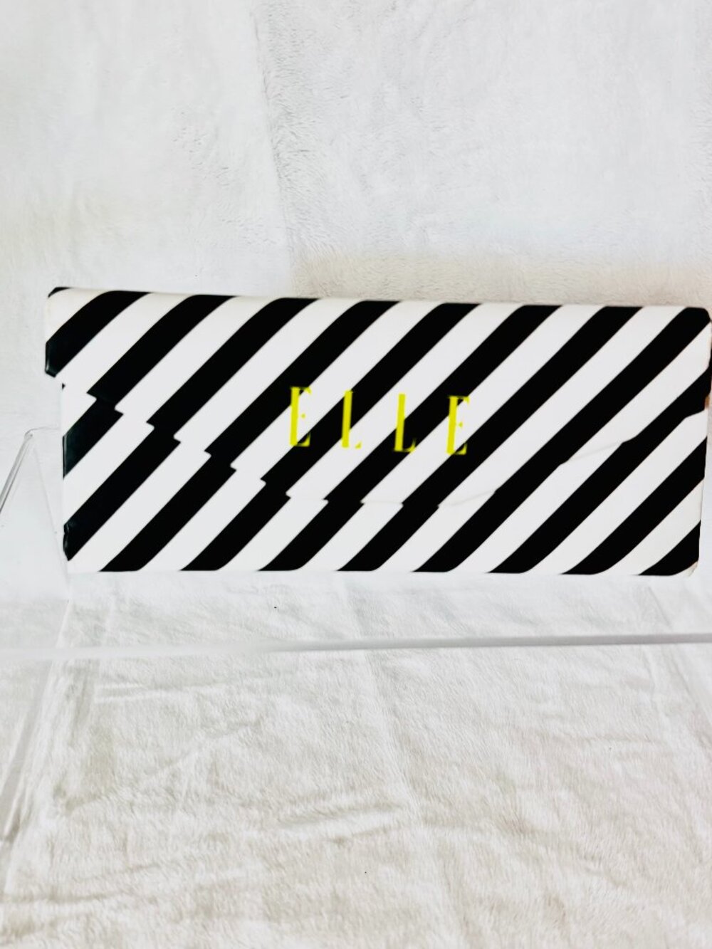 Elle Eyeglass Case Black White Stripe Trifold Hard Shell Diagonal Standard Size